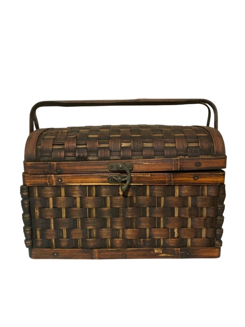 Vintage Woven Wooden Wicker Picnic Basket Chest With Hinged Handle And Latch